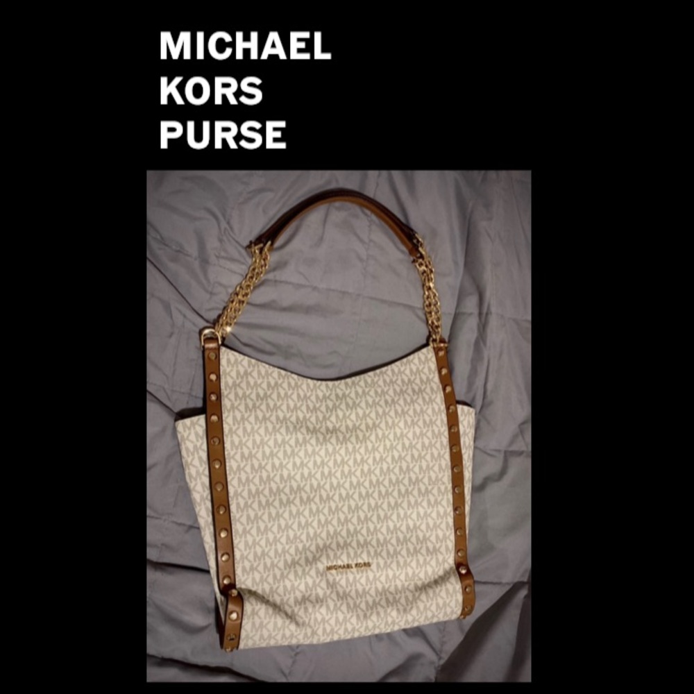 Michael Kors White & Tan Purse w/ Gold Rhinestones